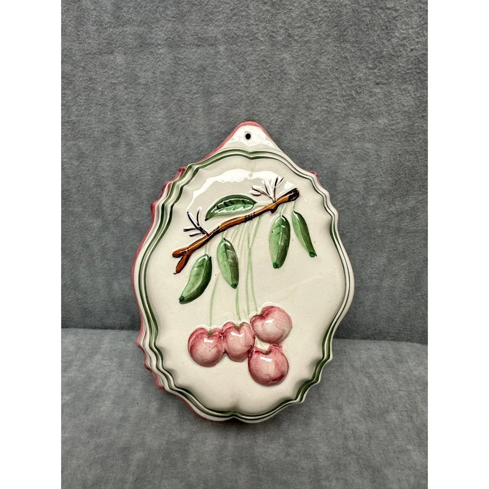 Vintage Ceramic Cherry Jelly Mold Wall Hanging‎ Pink Green Cream Farmhouse Decor